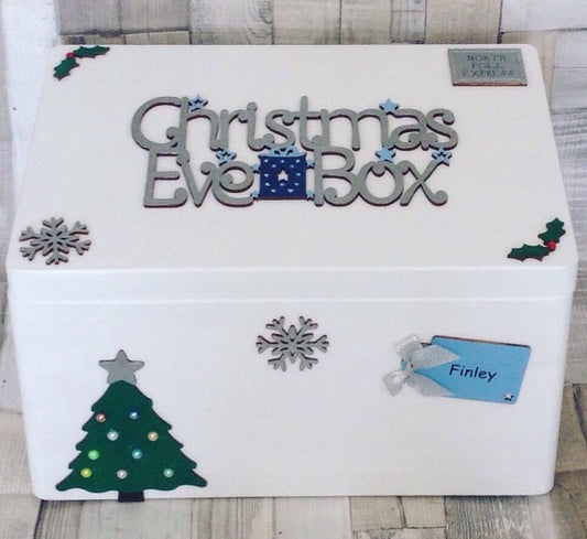 Personalised White & Blue Wooden Christmas Eve Box