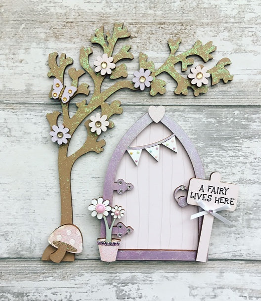 Lilac & Pale Pink Bunting Fairy Door with Blossom Tree Set