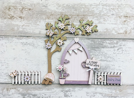 Lilac & Pink Bunting Fairy Door with Fencing & Blossom Tree Set