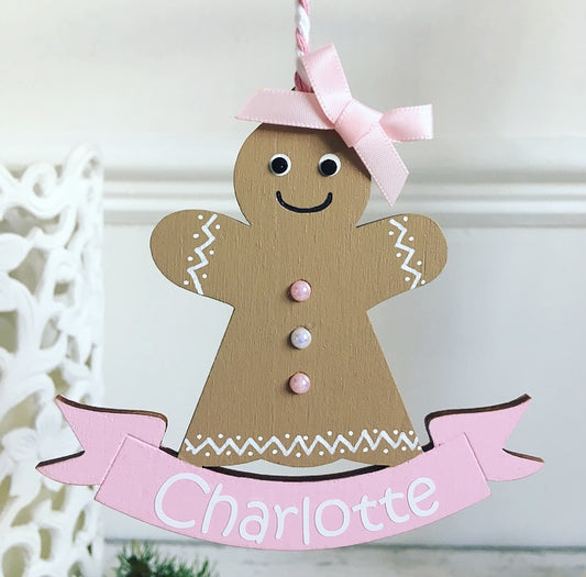 Personalised Gingerbread Christmas Tree Decoration Bauble, Baby's First Christmas