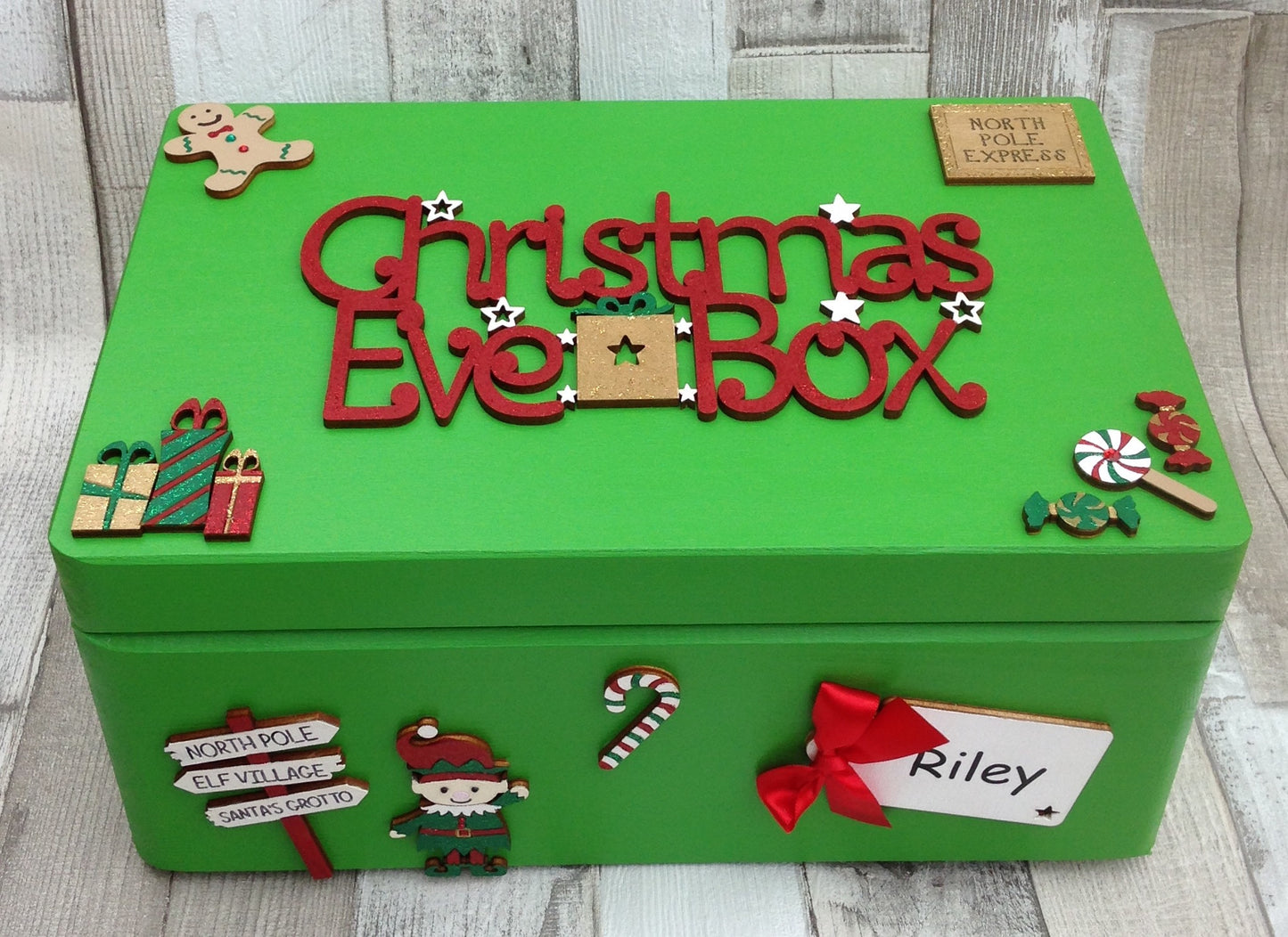 Personalised Green Elf Wooden Christmas Eve Box