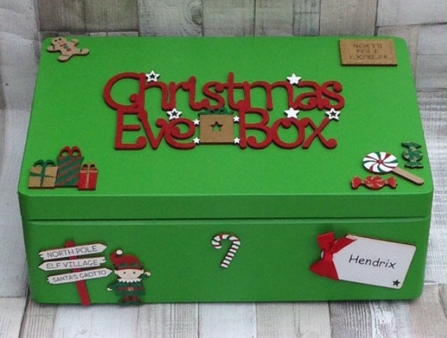Personalised Green Elf Wooden Christmas Eve Box Medium
