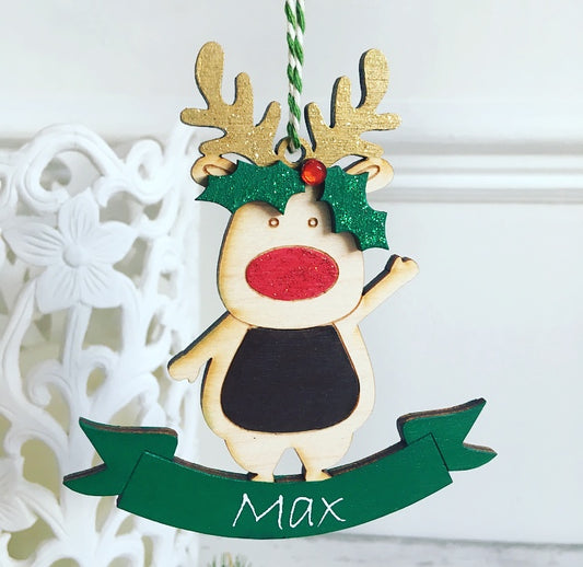 Personalised Rudolf Reindeer Christmas Tree Decoration - Green