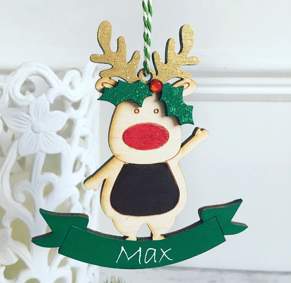 Personalised Reindeer Christmas Tree Decoration - Green - Sweet Pea ...