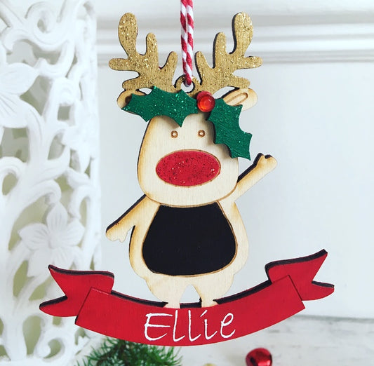 Personalised Rudolf Reindeer Christmas Tree Decoration - Red