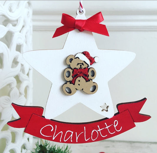 Personalised Star Teddy Bear Christmas Tree Decoration Bauble