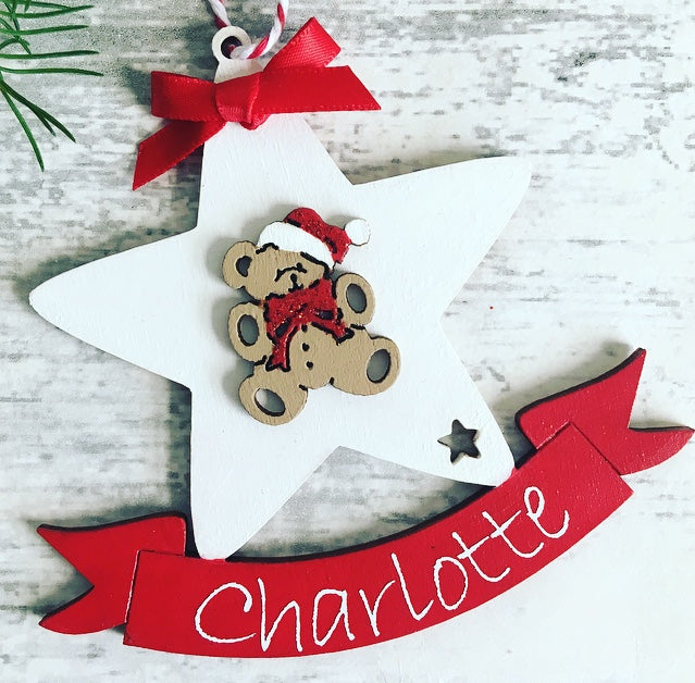 Personalised Wooden Star Teddy Bear Christmas Tree Decoration Bauble