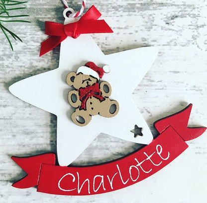 Personalised Wooden Star Teddy Bear Christmas Tree Decoration Bauble