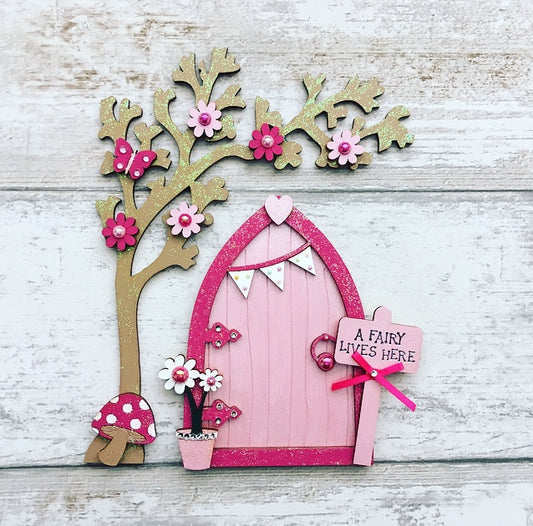 Pink Bunting Fairy Door with Blossom Tree Set