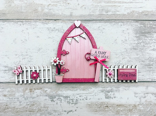 Pink Bunting Fairy Door with Fencing Set
