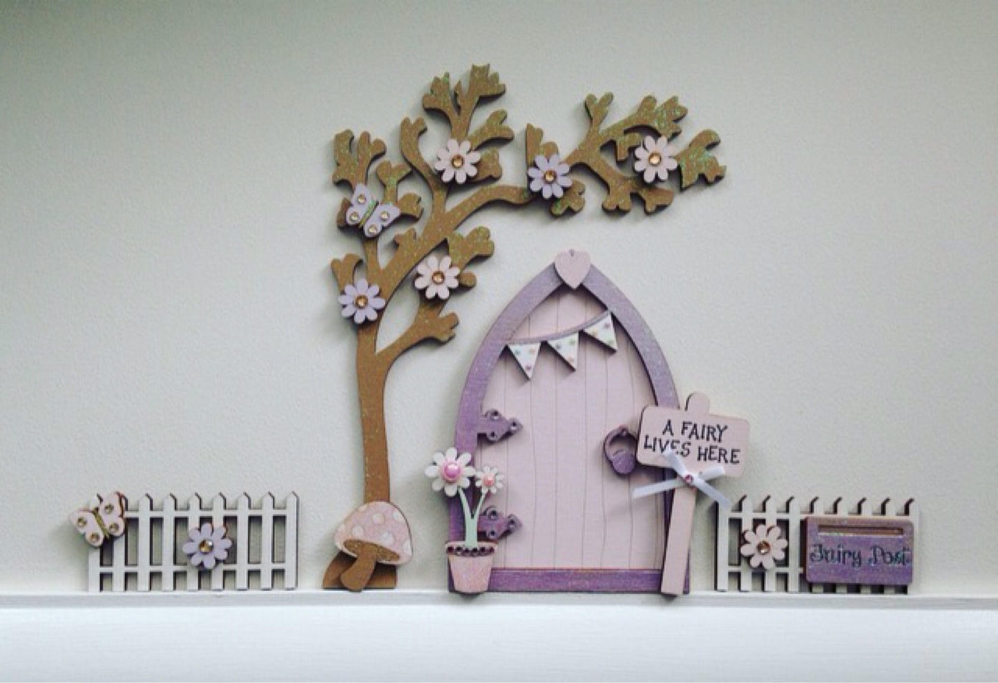 Lilac & Pink Bunting Fairy Door with Fencing & Blossom Tree Set For Skirting Board
