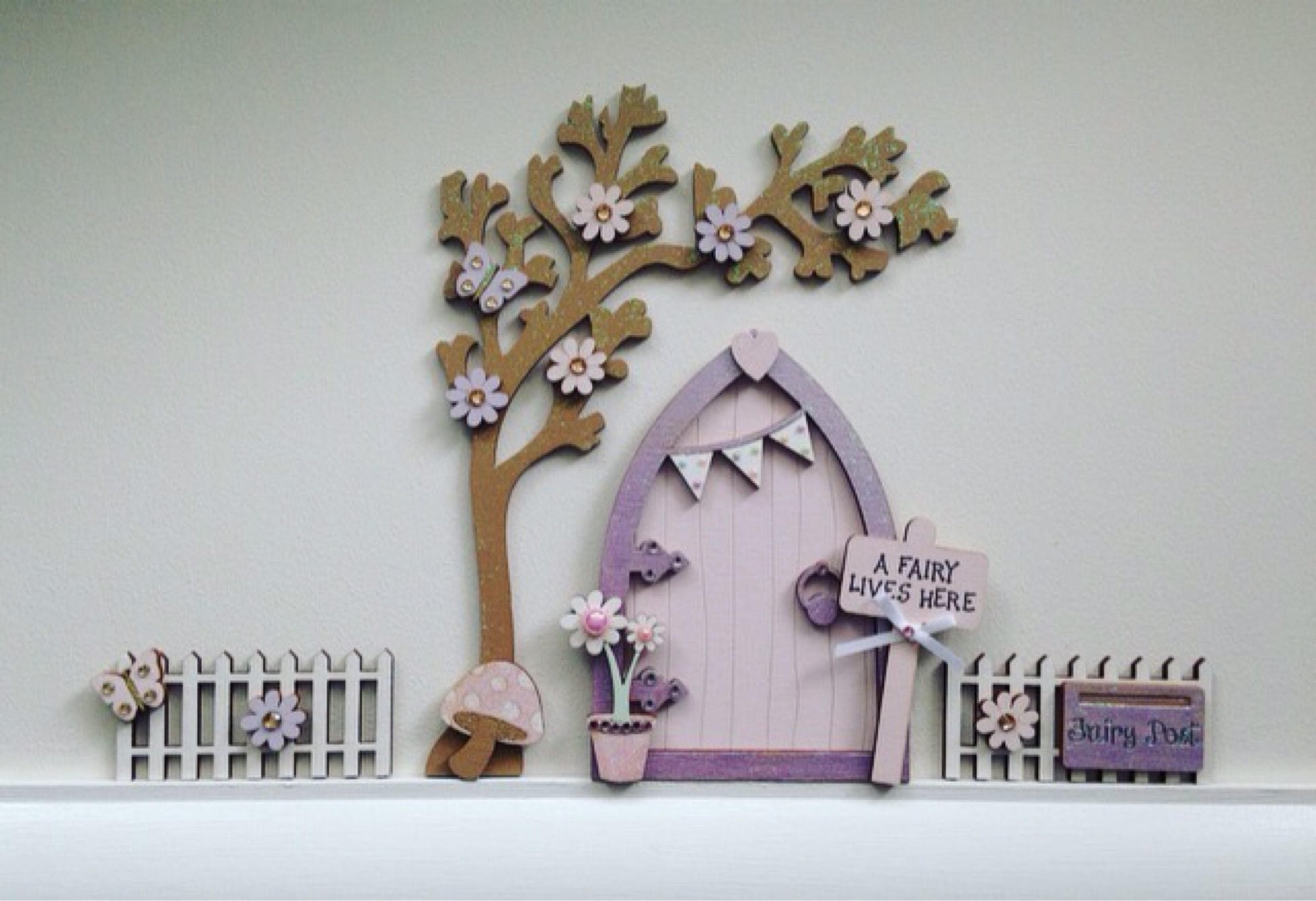 Lilac & Pink Bunting Fairy Door with Fencing & Blossom Tree Set For Skirting Board