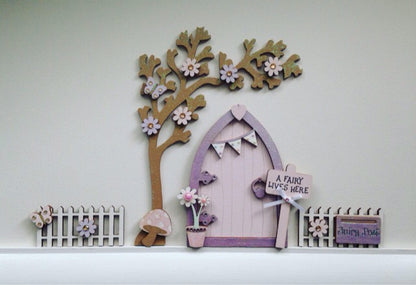 Lilac & Pink Bunting Fairy Door with Fencing & Blossom Tree Set For Skirting Board
