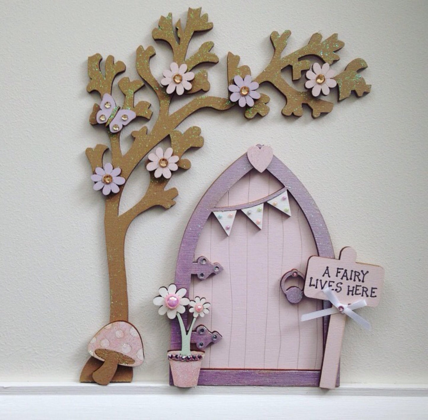 Lilac & Pale Pink Bunting Fairy Door with Blossom Tree Set For Skirting Board