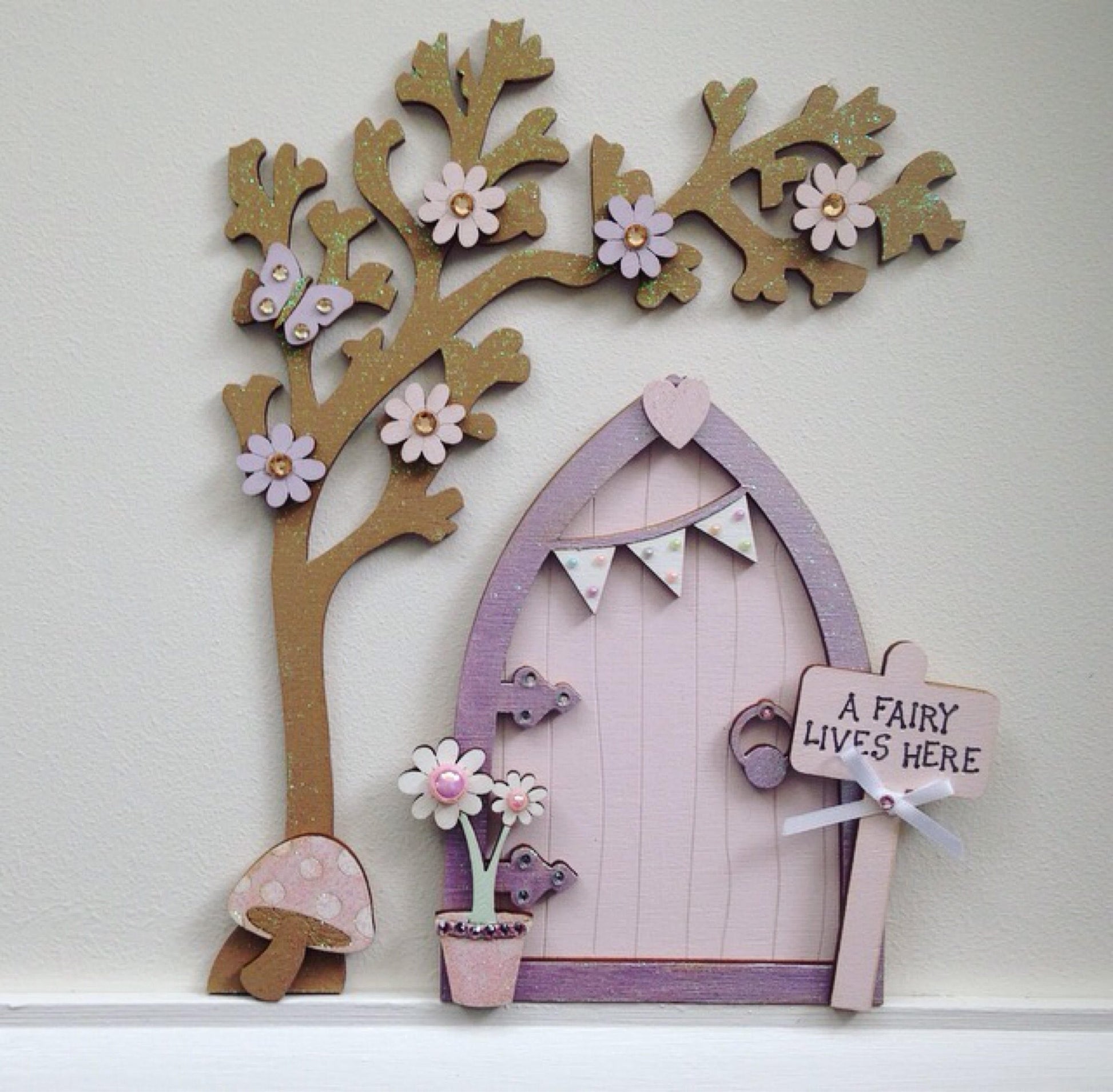 Lilac & Pale Pink Bunting Fairy Door with Blossom Tree Set For Skirting Board