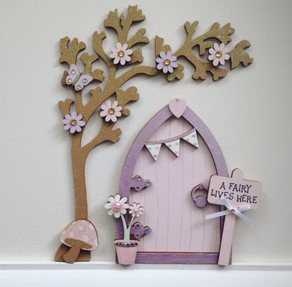 Lilac & Pale Pink Bunting Fairy Door with Blossom Tree Set For Skirting Board