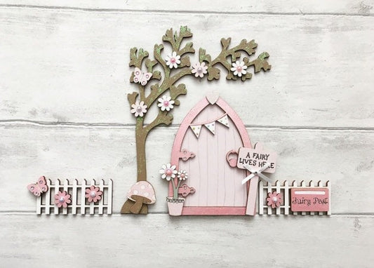 Light Pink Bunting Fairy Door with Fencing and Blossom Tree