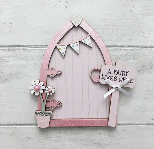 Light Pink Bunting Fairy Door, Wooden Fairy Door
