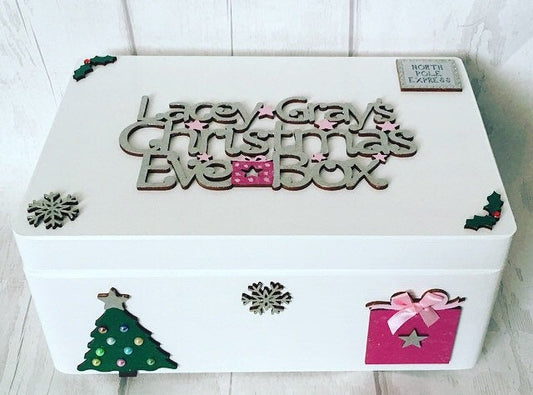 White Wooden Christmas Eve Box With Personalised Topper