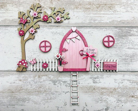 Pink Bunting Fairy Door Set With Blossom Tree, Fencing, Windows And Ladder Set