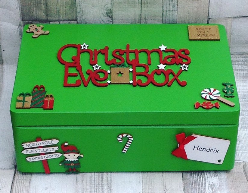 Medium Christmas eve box, Green Elf Personalised Wooden Christmas Eve Box
