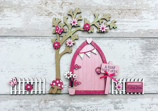 Pink Fairy Door With Fencing And Blossom Tree Set