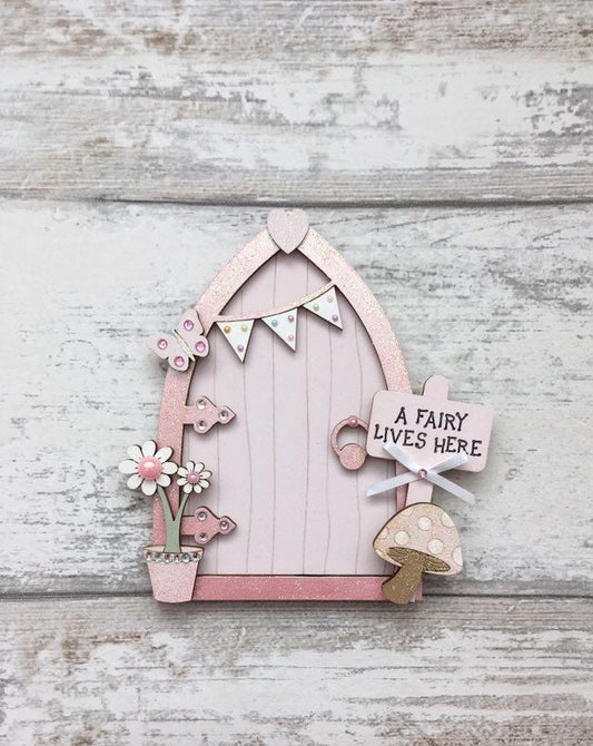 Light Pink Bunting Fairy Door With Toadstool And Butterfly