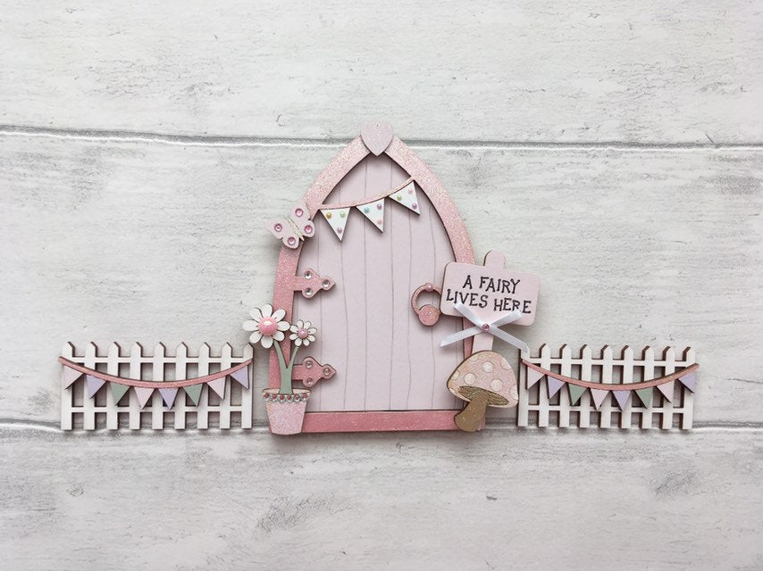 Wooden Fairy Door Set, Light Pink Bunting Fairy Door With Fencing