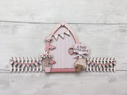 Wooden Fairy Door Set, Light Pink Bunting Fairy Door With Fencing