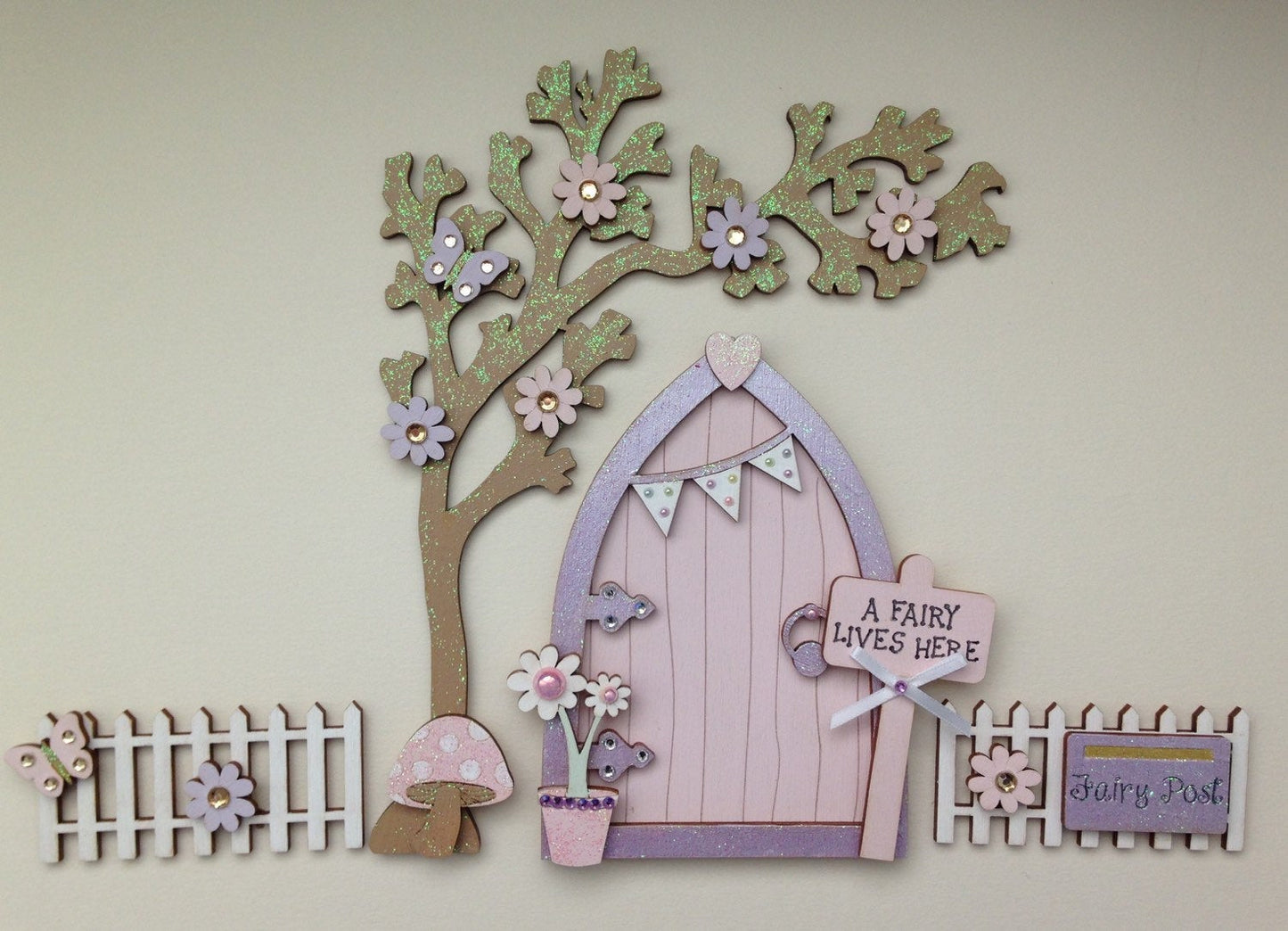 Lilac & Pink Bunting Wooden Fairy Door with Fencing & Blossom Tree Set
