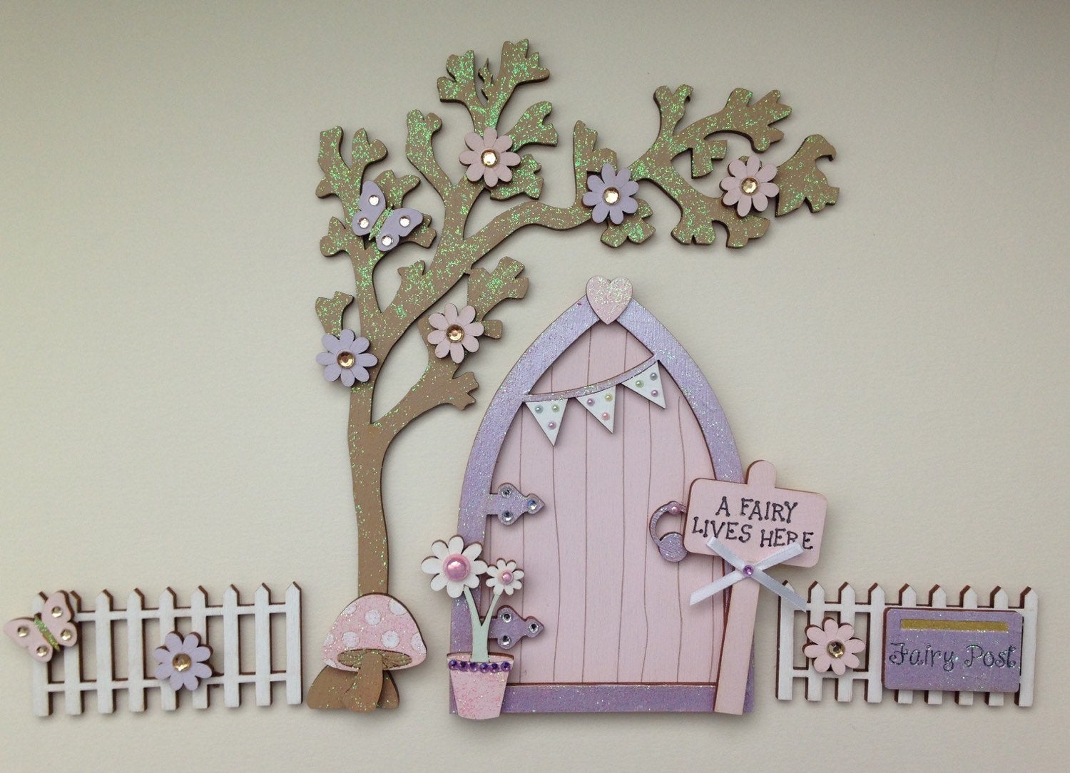 Lilac & Pink Bunting Wooden Fairy Door with Fencing & Blossom Tree Set