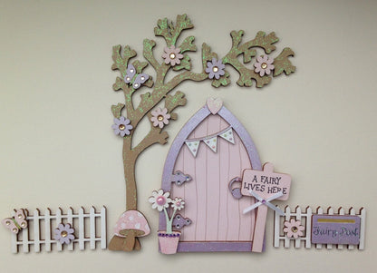 Lilac & Pink Bunting Wooden Fairy Door with Fencing & Blossom Tree Set