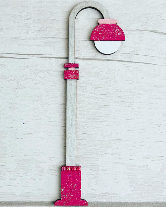 Pink and silver lamp fairy door accessory.