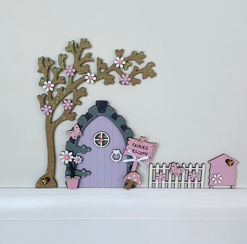 Beautiful Lilac & Pink Wooden Fairy Door Set 