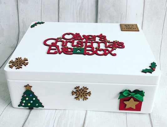 White Wooden Christmas Eve Box With Red, Gold & Green Decorations