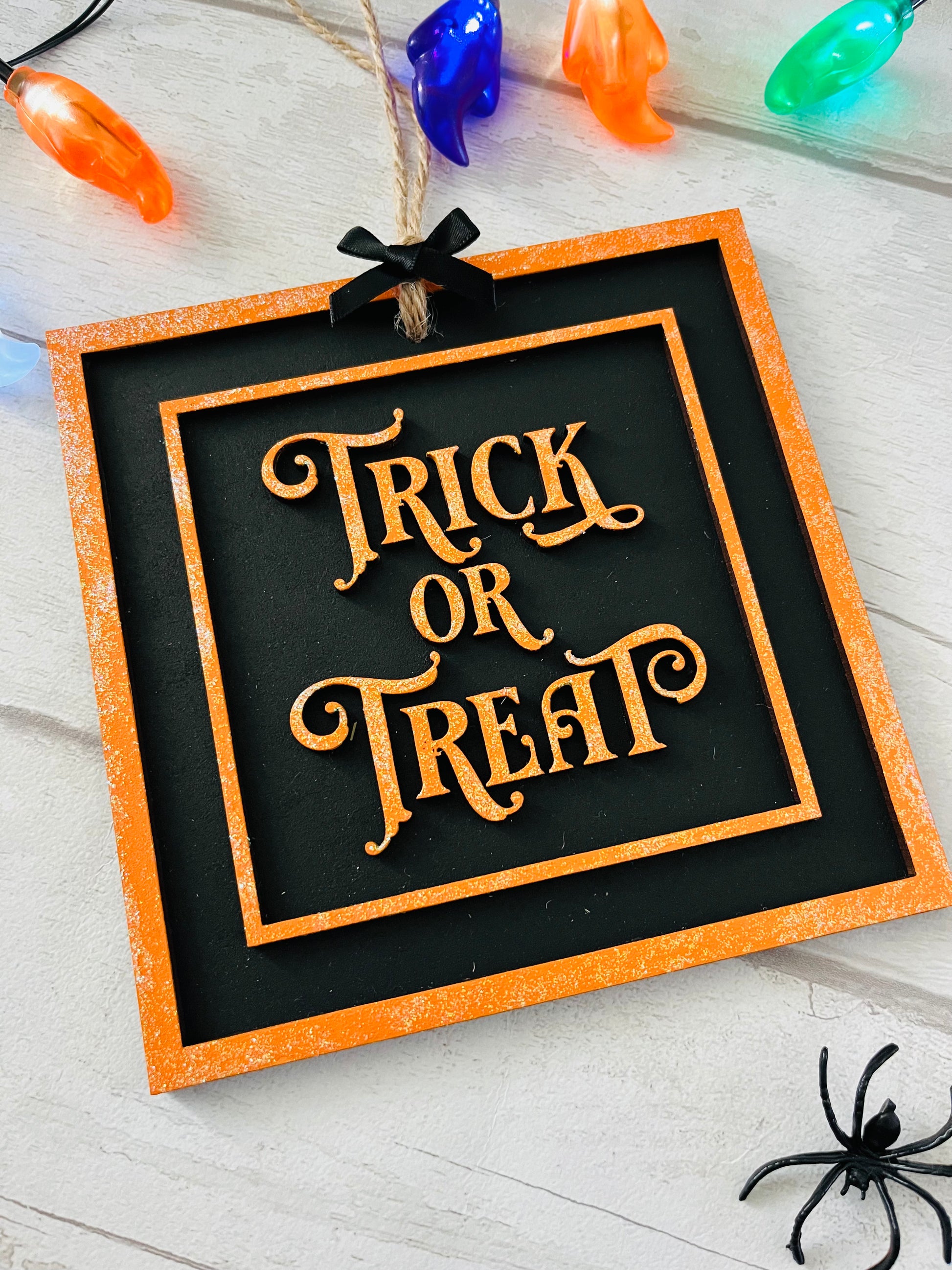Trick Or Treat Hanging Square Sign 3-Sweet Pea Wooden Creations