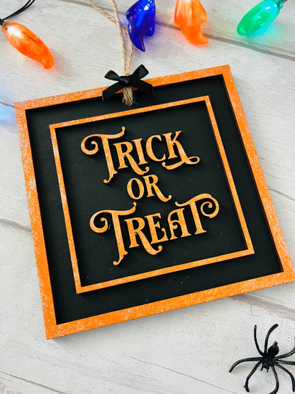Trick Or Treat Hanging Square Sign 3-Sweet Pea Wooden Creations