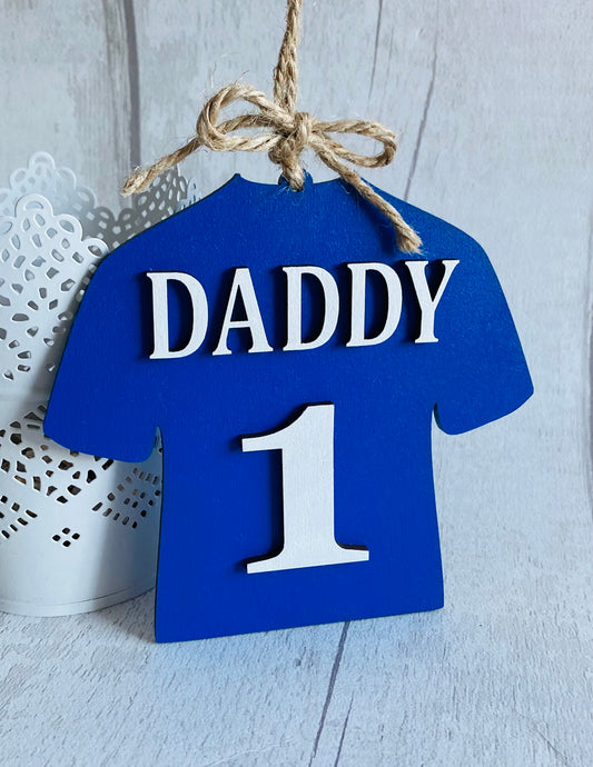 Daddy Blue Wooden Football / Rugby Shirt Hanging Decoration