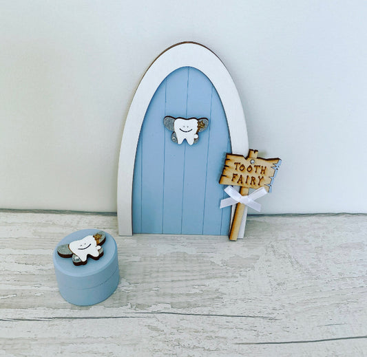 Blue Tooth Fairy Set, Fairy Door & Tooth Pot