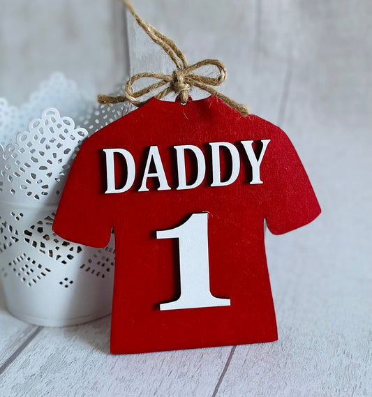 Daddy Red Wooden Football / Rugby Shirt Hanging Gift