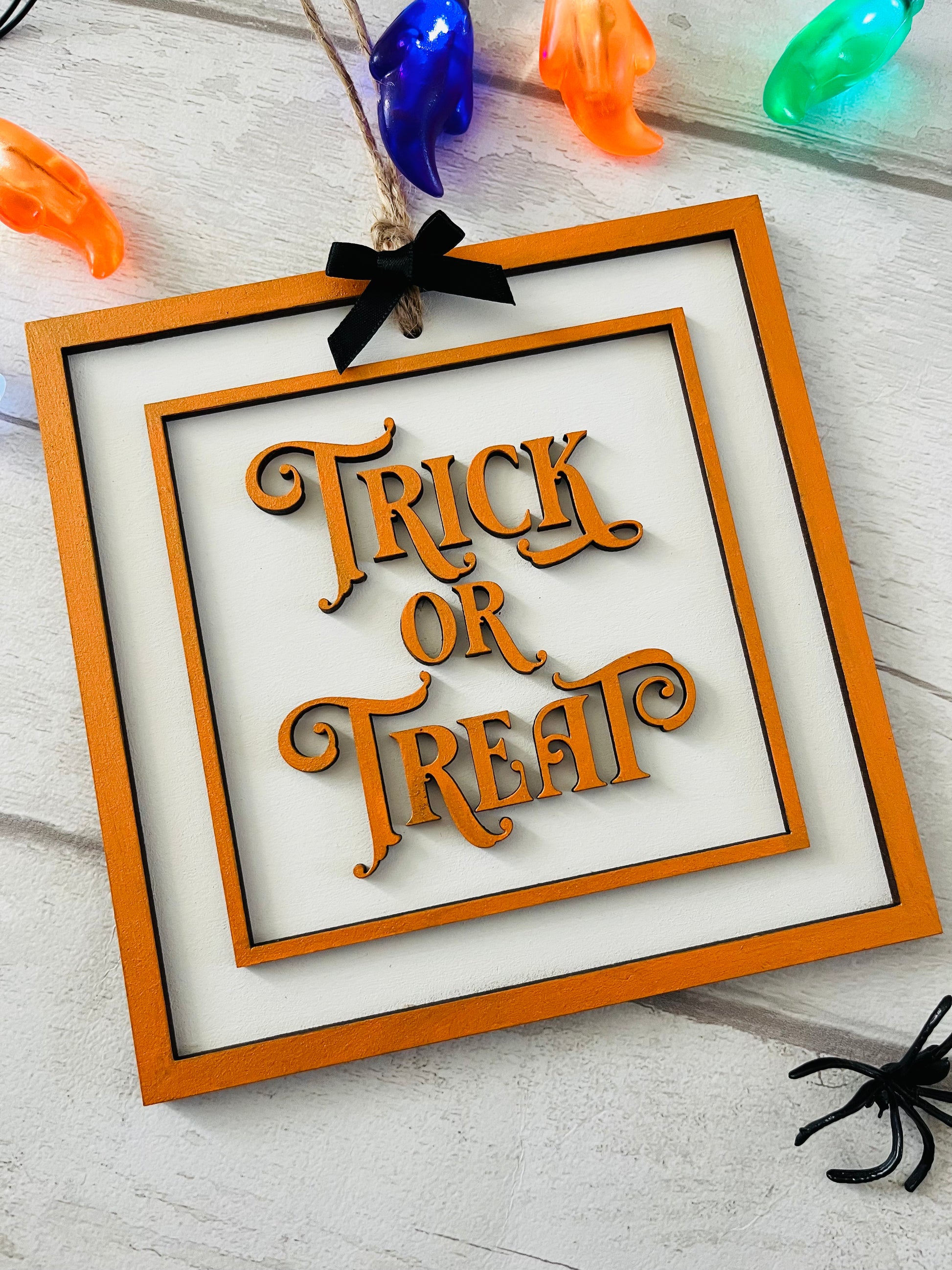 Square Trick Or Treat Hanging Halloween Sign 2 - Sweet Pea Wooden Creations