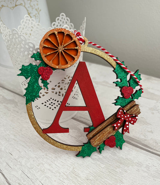 Hanging Wooden Christmas tree bauble. Holly, orange and cinnamon. Hand painted and decorated with glitter. - Sweet Pea Wooden Creations