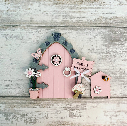 Beautiful Blush Pink Wooden Fairy Door With Beehive
