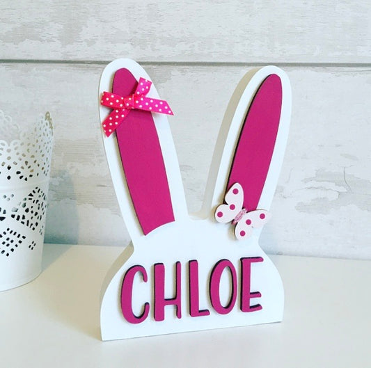 Freestanding Wooden Bunny Shape, Personalised, Pink And White