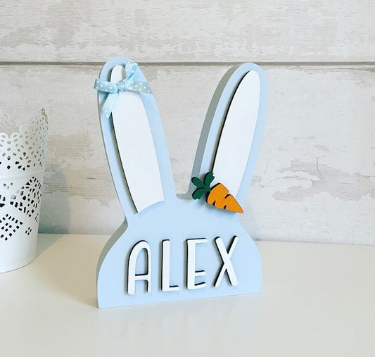 Freestanding Wooden Bunny Shape, Personalised, Blue And White