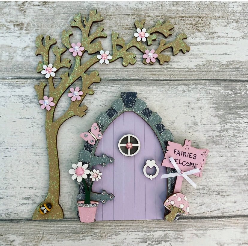 Lilac & Pink Fairy Door With Tree