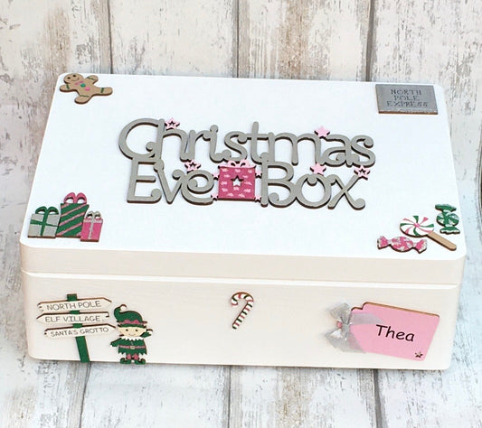 Personalised Elf Christmas Eve Box With Tag - White, Silver & Pink