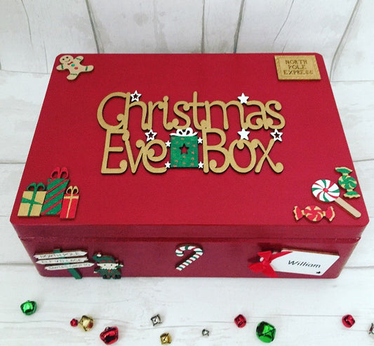 Personalised Red Elf Wooden Christmas Eve Box