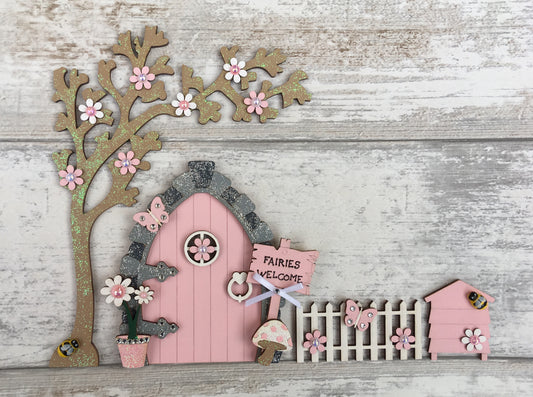 Blush Pink Fairy Door Set with Blossom Tree, Fence and Beehive