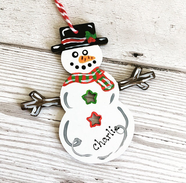 Personalised Rustic Wooden Snowman Christmas Tree Decoration Bauble